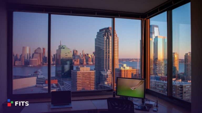 Modern office overlooking a city skyline