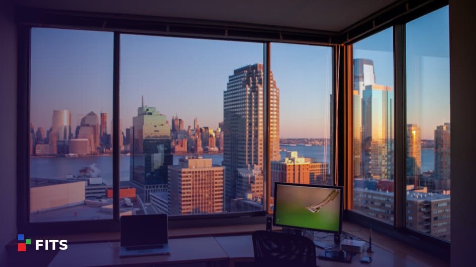 Modern office overlooking a city skyline
