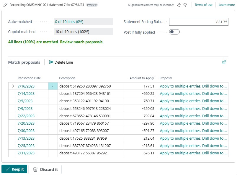 Reconcile with Copilot window proposing matches between bank statement lines and ledger entries
